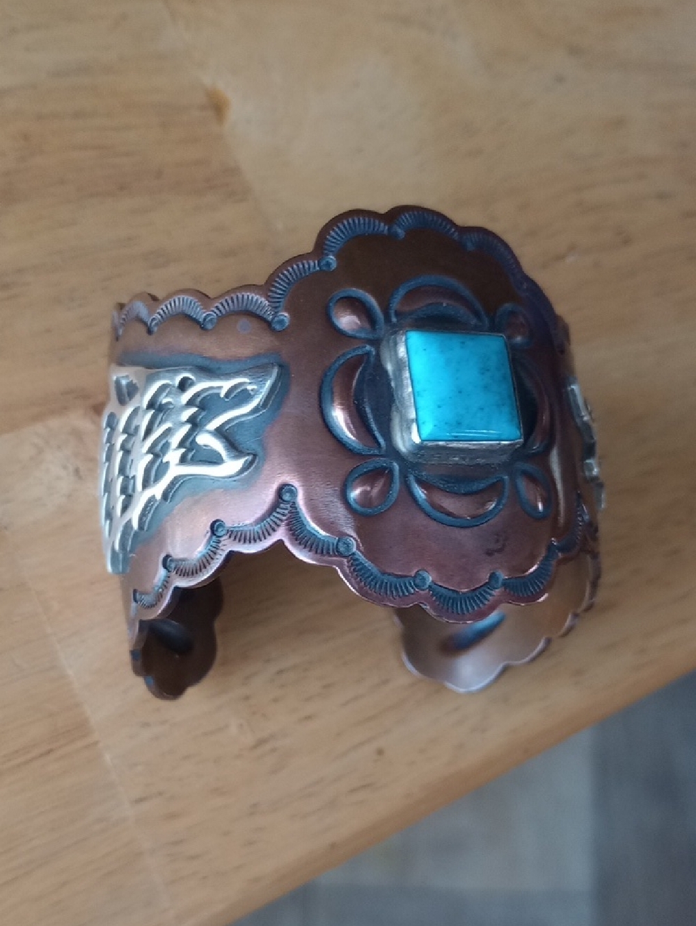 Copper Silver Turquoise Wolf Cuff
